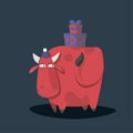 Red bull with gifts on its back, vector illustration in flat style.